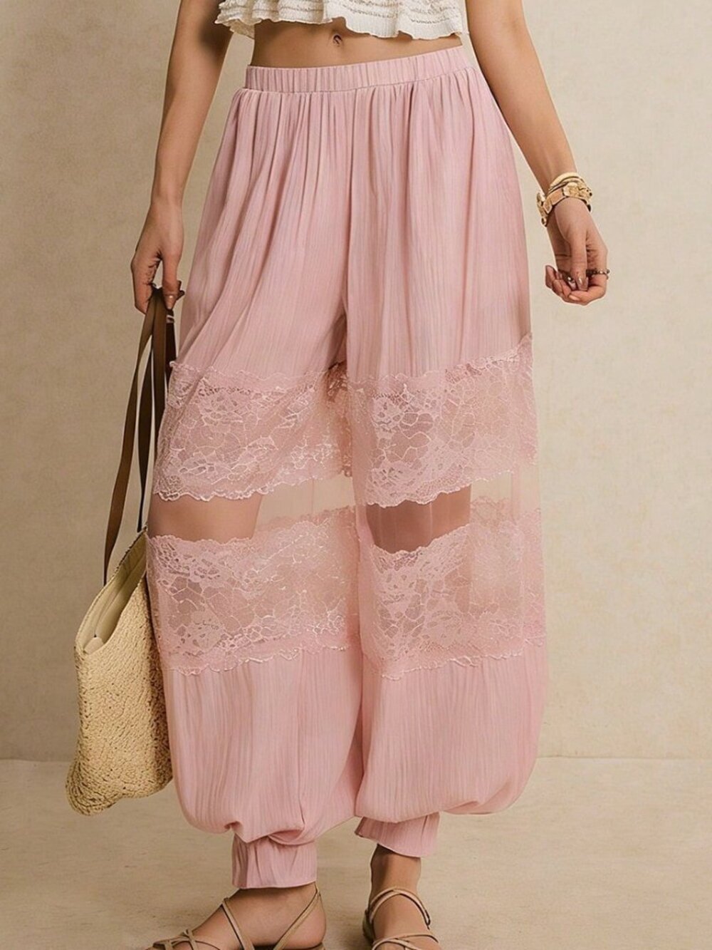 Dusty Pink Casual Women's Loose Patchwork Flowy Trousers